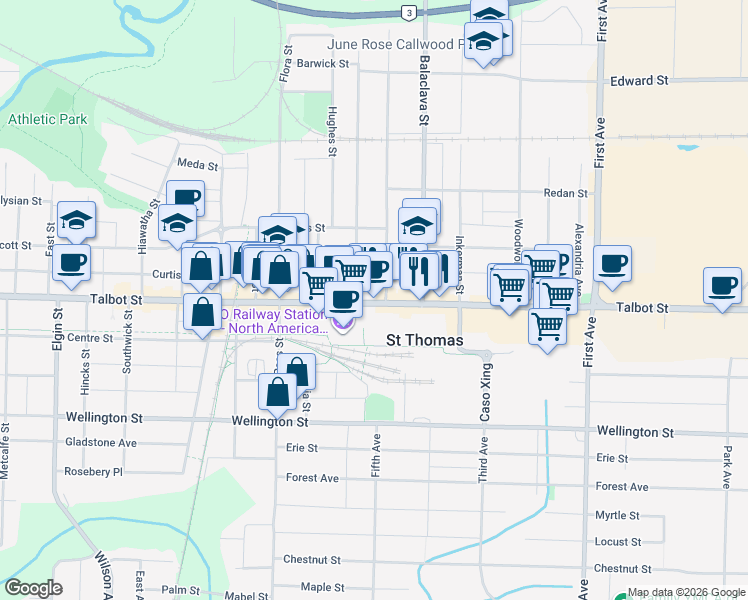 map of restaurants, bars, coffee shops, grocery stores, and more near 829 Talbot Street in Saint Thomas