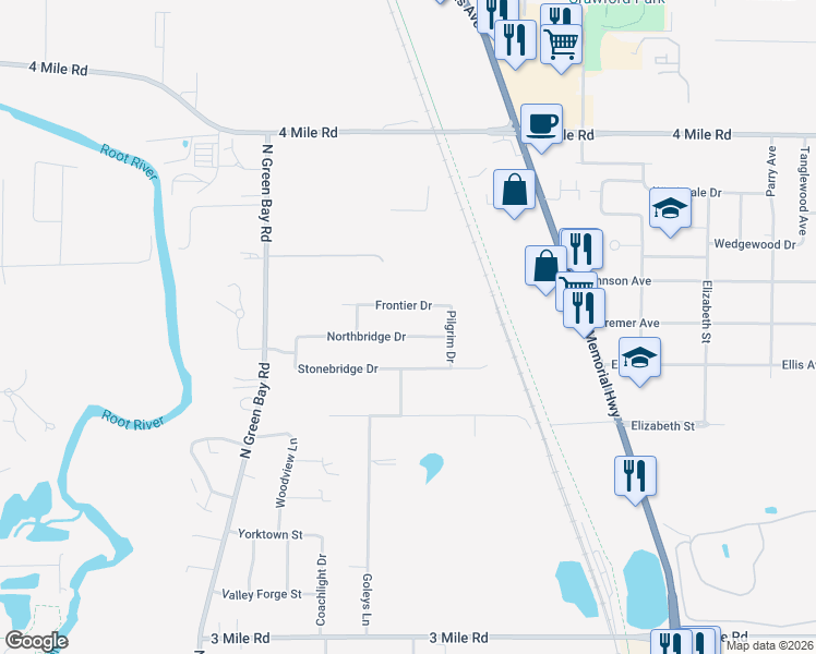 map of restaurants, bars, coffee shops, grocery stores, and more near 2729 Northbridge Drive in Racine