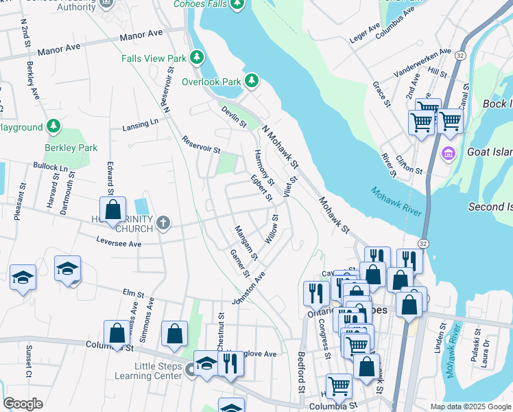 map of restaurants, bars, coffee shops, grocery stores, and more near 33 Vliet Street in Cohoes