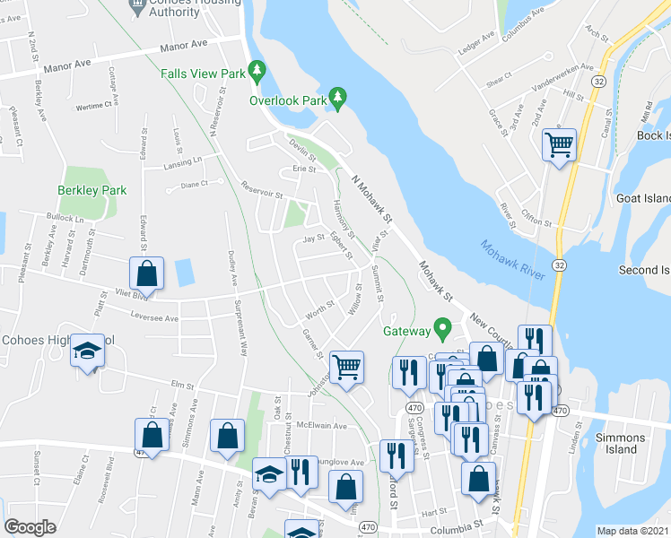 map of restaurants, bars, coffee shops, grocery stores, and more near 31 Vliet Street in Cohoes