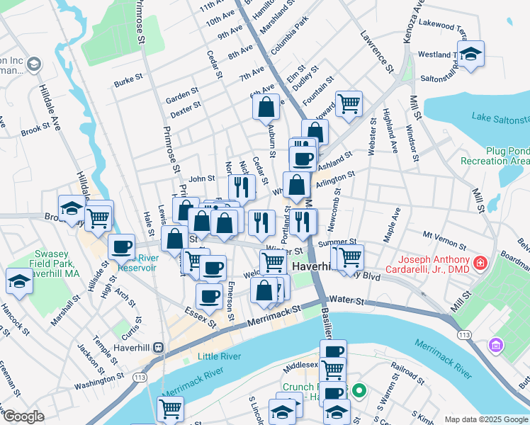map of restaurants, bars, coffee shops, grocery stores, and more near 3 Dustin Street in Haverhill