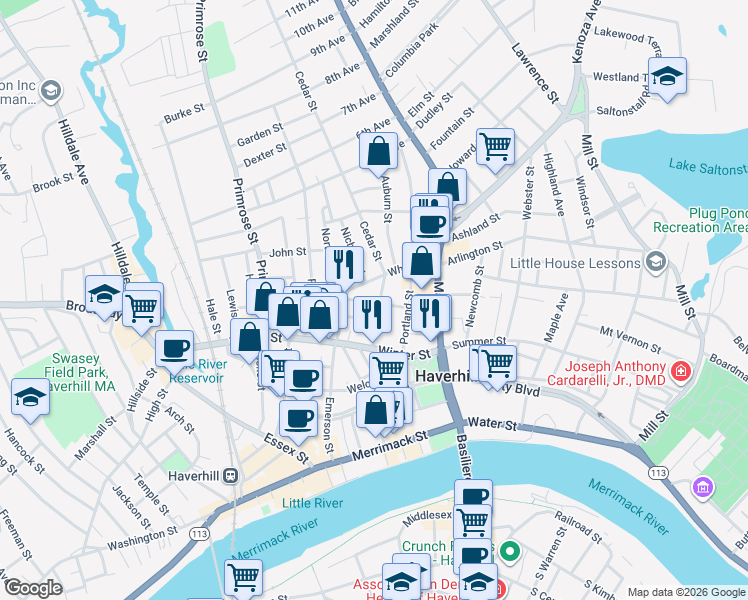 map of restaurants, bars, coffee shops, grocery stores, and more near 3 Dustin Street in Haverhill