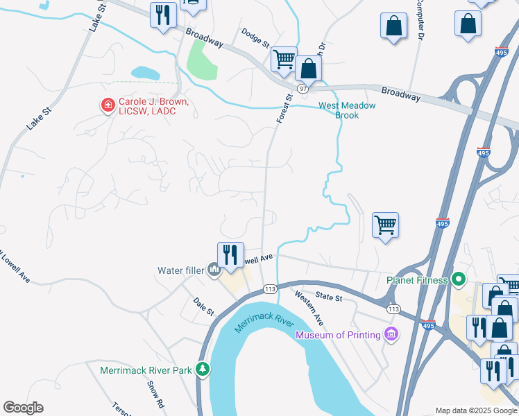 map of restaurants, bars, coffee shops, grocery stores, and more near 13 Briarwood Road in Haverhill