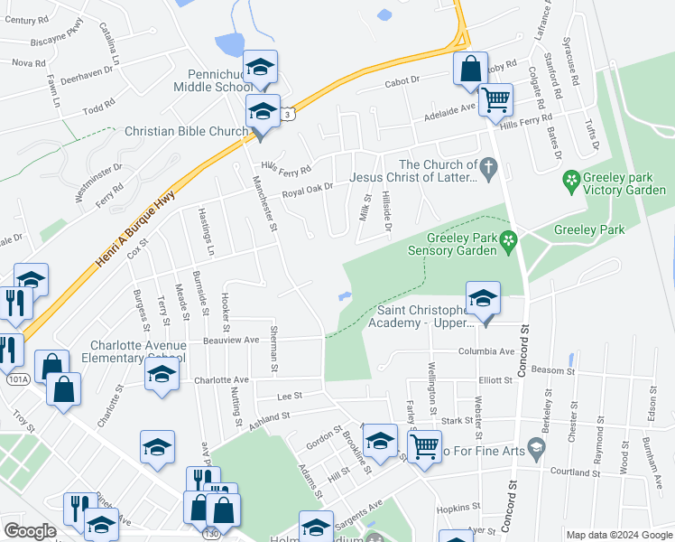 map of restaurants, bars, coffee shops, grocery stores, and more near 121 Manchester Street in Nashua