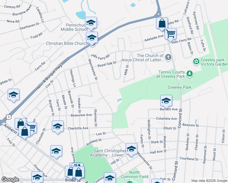 map of restaurants, bars, coffee shops, grocery stores, and more near in Nashua