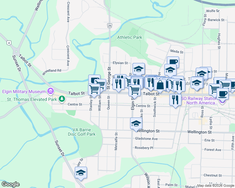 map of restaurants, bars, coffee shops, grocery stores, and more near 260 Talbot Street in St. Thomas