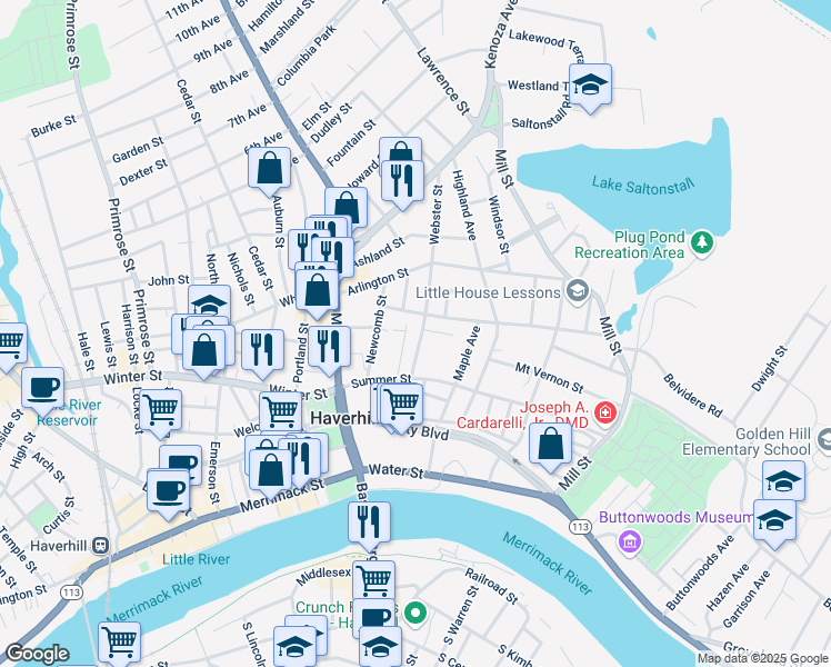 map of restaurants, bars, coffee shops, grocery stores, and more near 28 Webster Street in Haverhill