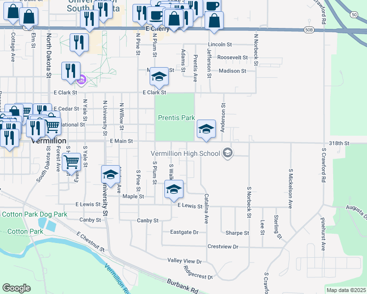 map of restaurants, bars, coffee shops, grocery stores, and more near 15 Sycamore Avenue in Vermillion