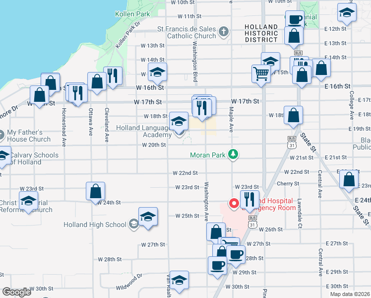 map of restaurants, bars, coffee shops, grocery stores, and more near 235 West 21st Street in Holland