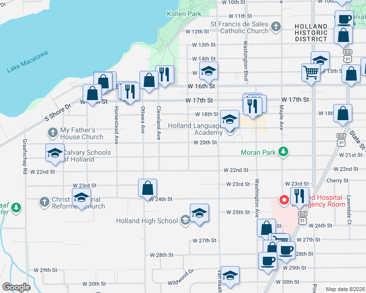 map of restaurants, bars, coffee shops, grocery stores, and more near 389 West 21st Street in Holland