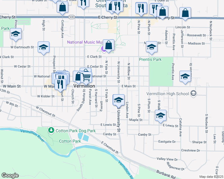 map of restaurants, bars, coffee shops, grocery stores, and more near 415 East Main Street in Vermillion