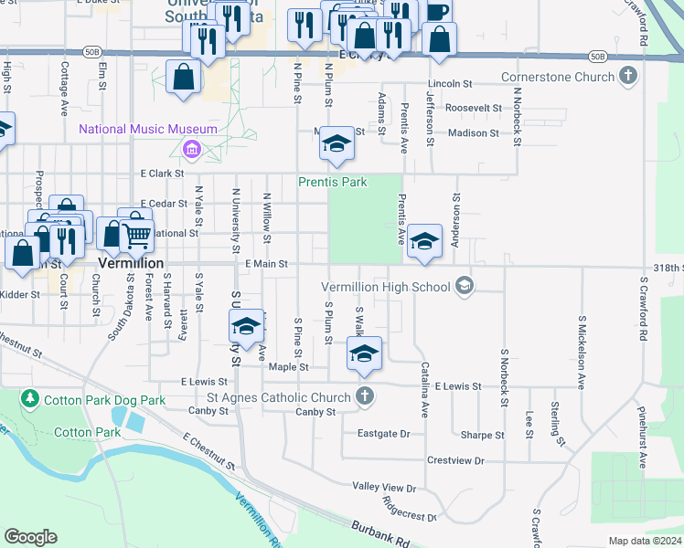 map of restaurants, bars, coffee shops, grocery stores, and more near 20 South Plum Street in Vermillion