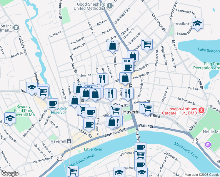 map of restaurants, bars, coffee shops, grocery stores, and more near 3 Dustin Street in Haverhill