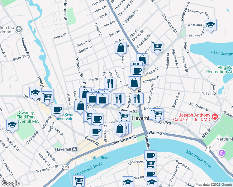 map of restaurants, bars, coffee shops, grocery stores, and more near 3 Dustin Street in Haverhill