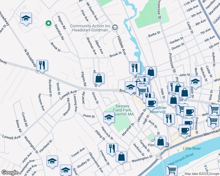 map of restaurants, bars, coffee shops, grocery stores, and more near 84 Broadway in Haverhill