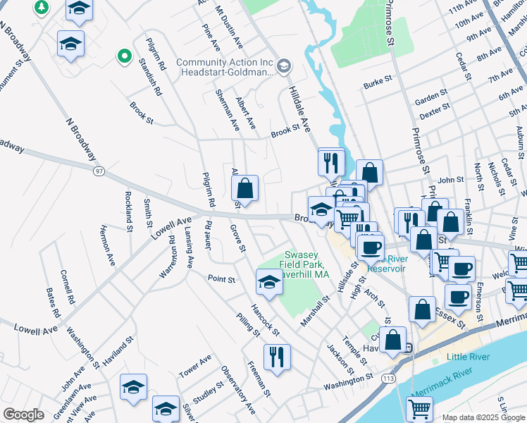 map of restaurants, bars, coffee shops, grocery stores, and more near 84 Broadway in Haverhill