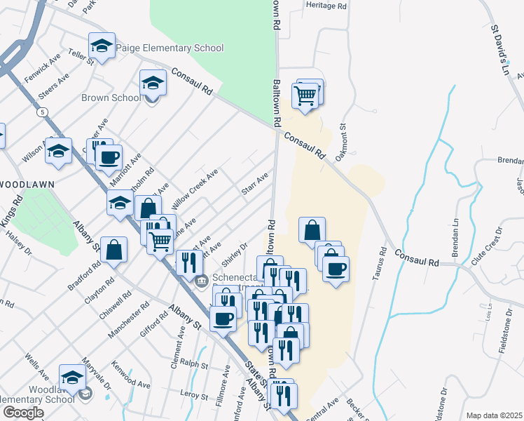 map of restaurants, bars, coffee shops, grocery stores, and more near 126 Dewitt Avenue in Schenectady
