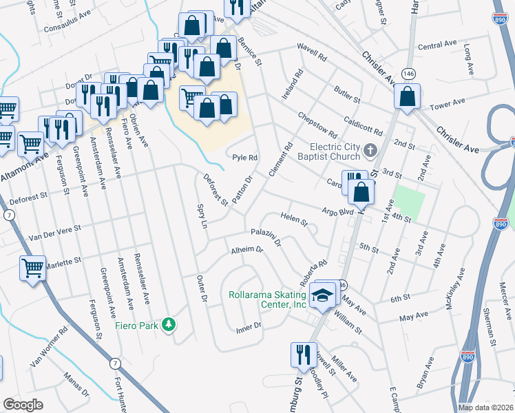 map of restaurants, bars, coffee shops, grocery stores, and more near 1064 Helen Street in Schenectady