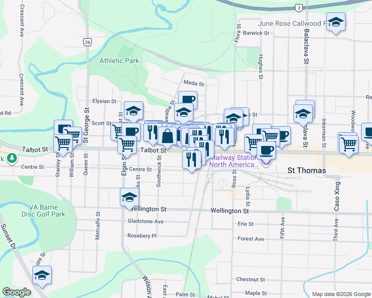 map of restaurants, bars, coffee shops, grocery stores, and more near 498 Talbot Street in St. Thomas