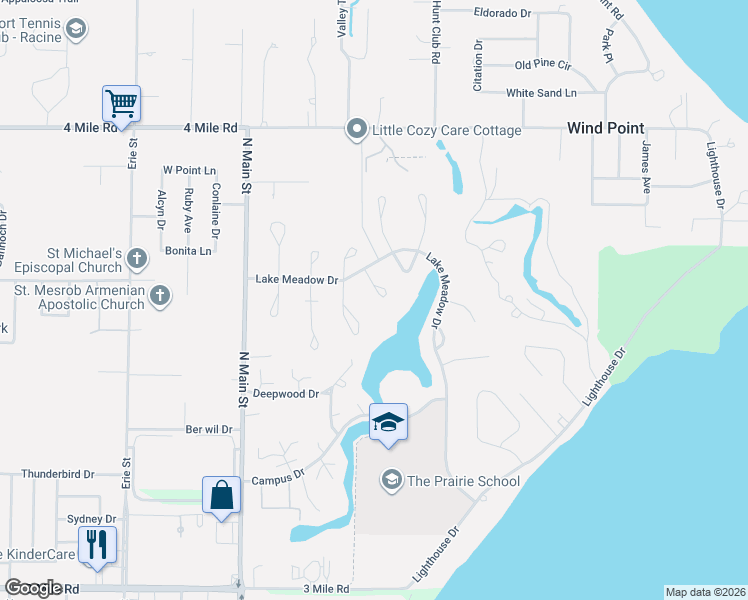 map of restaurants, bars, coffee shops, grocery stores, and more near 10 Pinewood Court in Wind Point