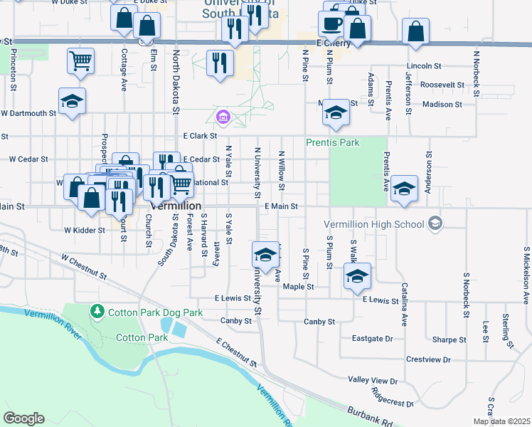 map of restaurants, bars, coffee shops, grocery stores, and more near 24 South University Street in Vermillion