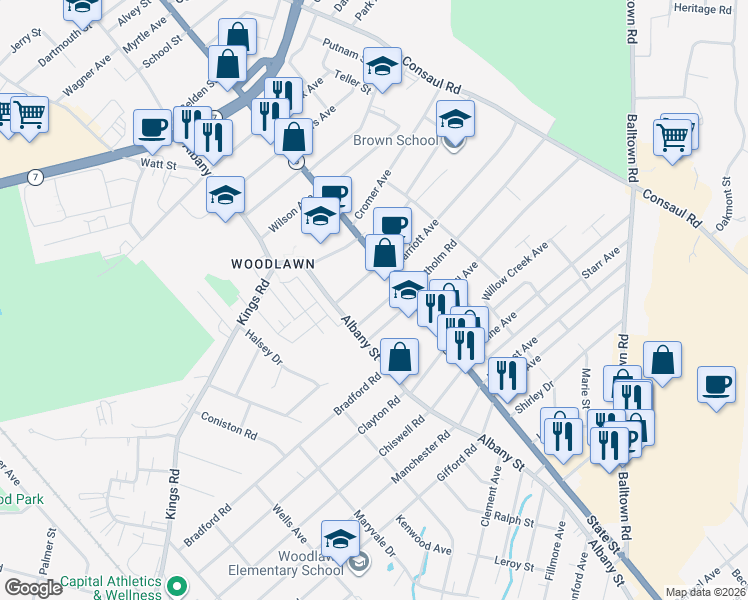 map of restaurants, bars, coffee shops, grocery stores, and more near 7 Gebhardt Street in Schenectady