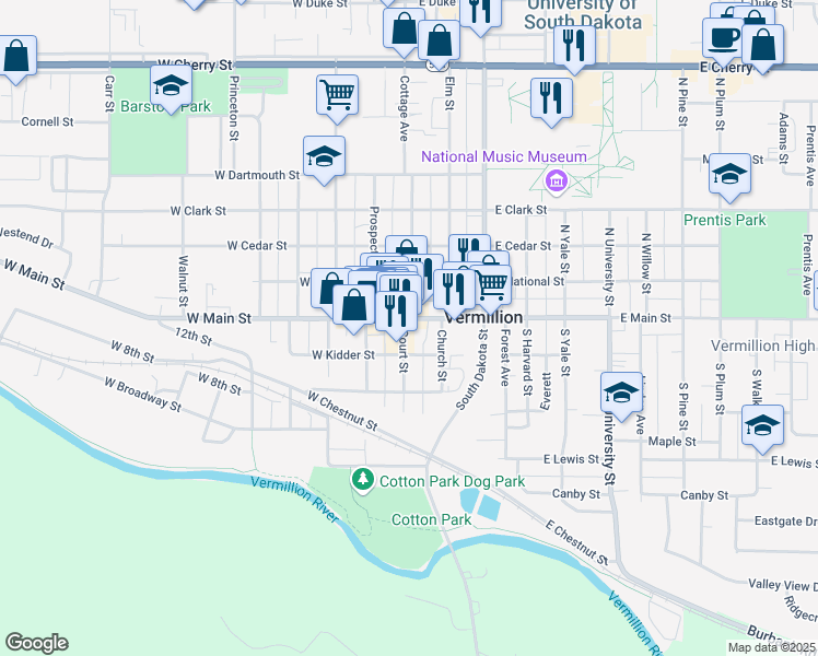map of restaurants, bars, coffee shops, grocery stores, and more near 1 East Main Street in Vermillion
