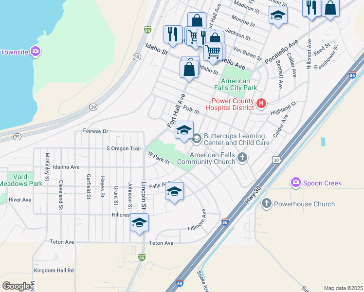 map of restaurants, bars, coffee shops, grocery stores, and more near 254 Taylor Street in American Falls