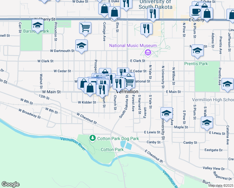 map of restaurants, bars, coffee shops, grocery stores, and more near 101 East Main Street in Vermillion