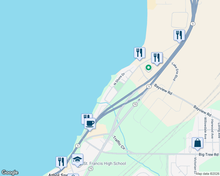 map of restaurants, bars, coffee shops, grocery stores, and more near 15 North Shore Drive in Buffalo
