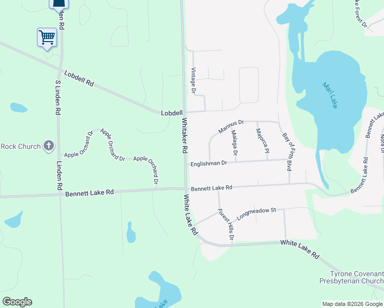map of restaurants, bars, coffee shops, grocery stores, and more near 11424 Whitaker Road in Fenton