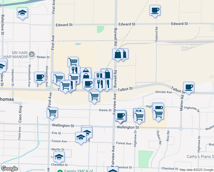 map of restaurants, bars, coffee shops, grocery stores, and more near 1030 Talbot Street in St. Thomas
