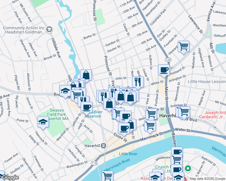 map of restaurants, bars, coffee shops, grocery stores, and more near 30 Primrose Street in Haverhill