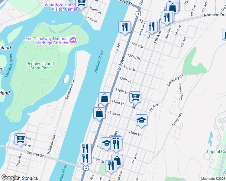 map of restaurants, bars, coffee shops, grocery stores, and more near in Troy