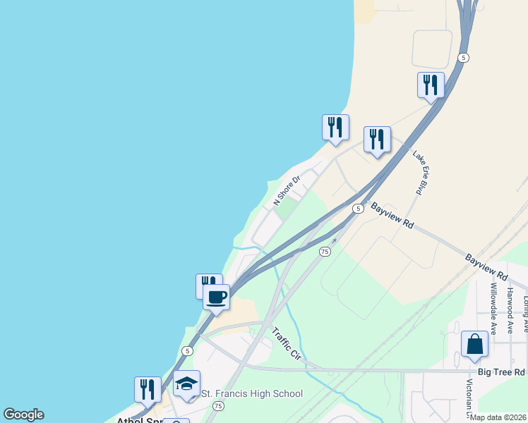 map of restaurants, bars, coffee shops, grocery stores, and more near 133 Midshore Drive in Buffalo