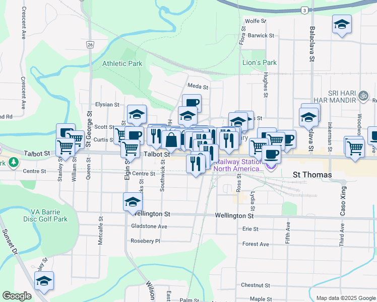 map of restaurants, bars, coffee shops, grocery stores, and more near 498 Talbot Street in St. Thomas