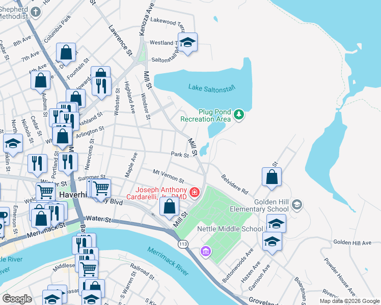 map of restaurants, bars, coffee shops, grocery stores, and more near 5 White Avenue in Haverhill