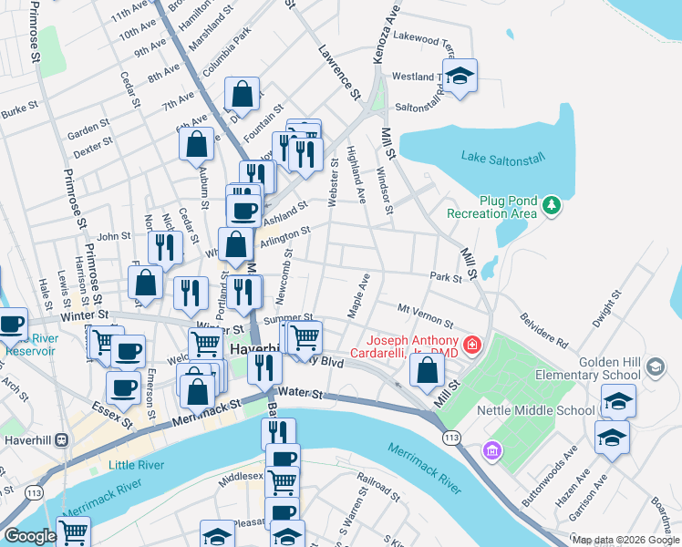 map of restaurants, bars, coffee shops, grocery stores, and more near 76 Summer Street in Haverhill