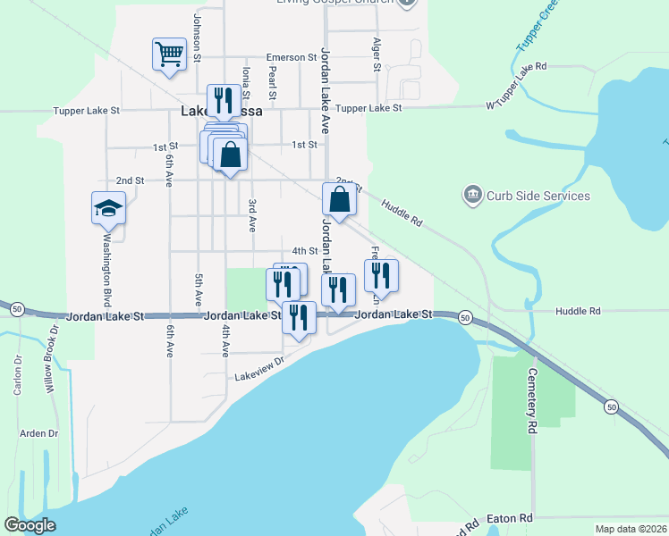 map of restaurants, bars, coffee shops, grocery stores, and more near 738 Jordan Lake Avenue in Lake Odessa