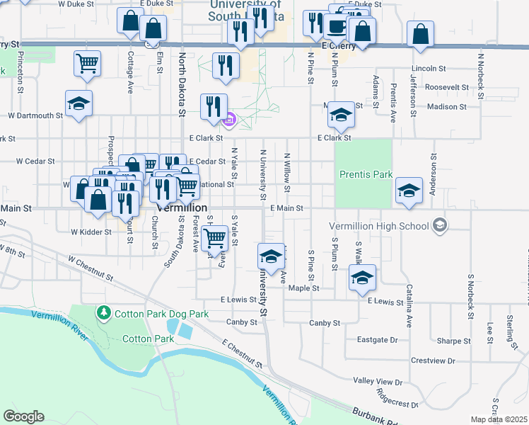 map of restaurants, bars, coffee shops, grocery stores, and more near 24 South University Street in Vermillion