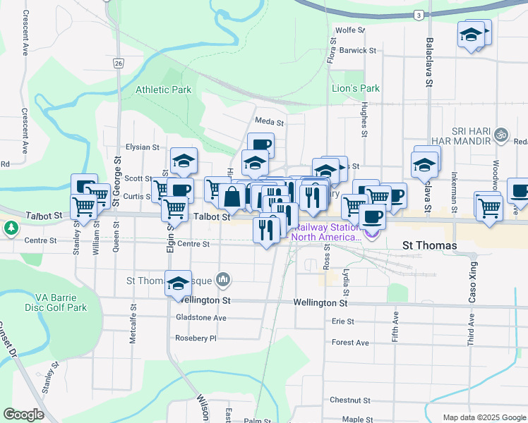 map of restaurants, bars, coffee shops, grocery stores, and more near 545 Talbot Street in Saint Thomas