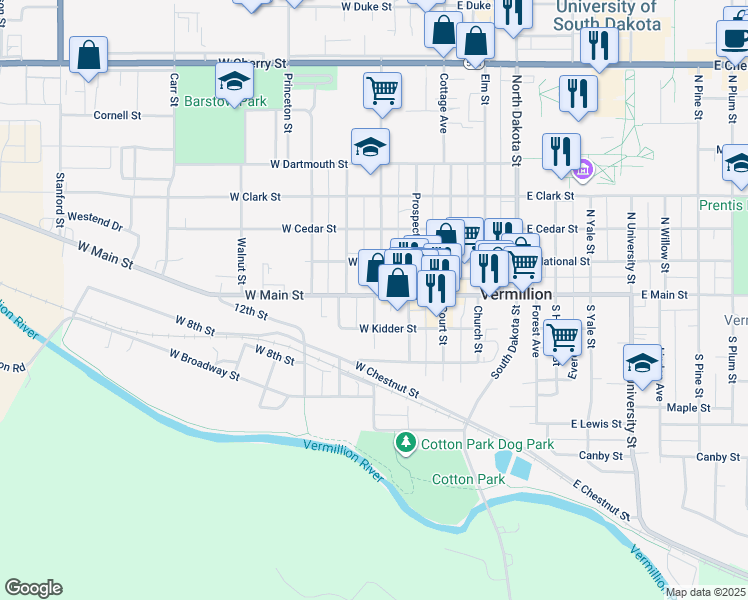 map of restaurants, bars, coffee shops, grocery stores, and more near 15 Austin Street in Vermillion