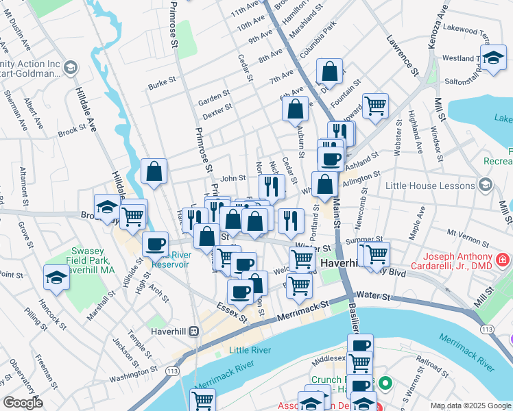 map of restaurants, bars, coffee shops, grocery stores, and more near 17 North Street in Haverhill