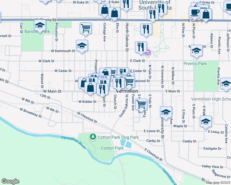 map of restaurants, bars, coffee shops, grocery stores, and more near 12 Church Street in Vermillion