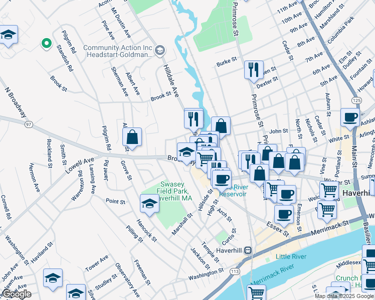map of restaurants, bars, coffee shops, grocery stores, and more near 58 Hilldale Avenue in Haverhill
