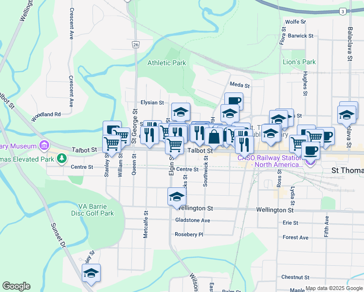 map of restaurants, bars, coffee shops, grocery stores, and more near in St. Thomas