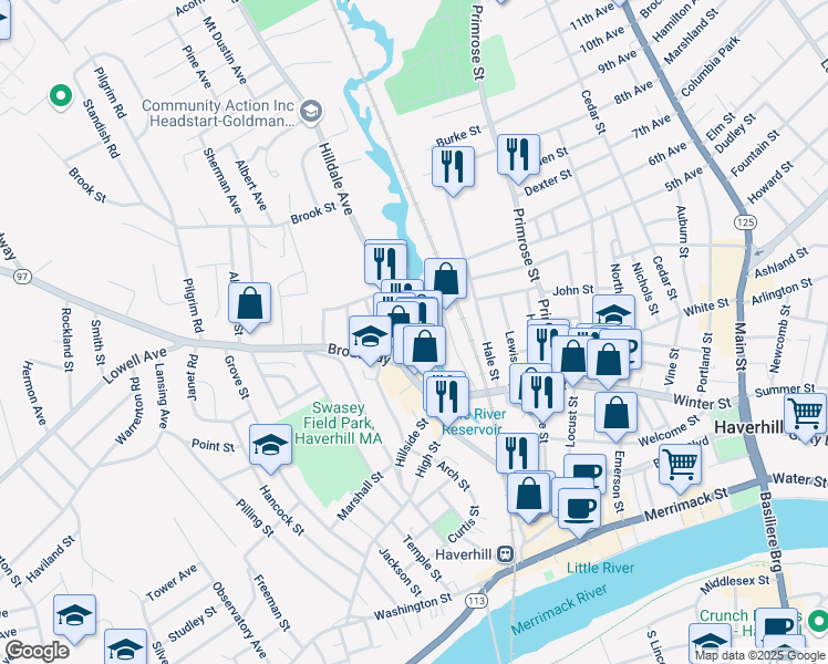 map of restaurants, bars, coffee shops, grocery stores, and more near 30 Stevens Street in Haverhill