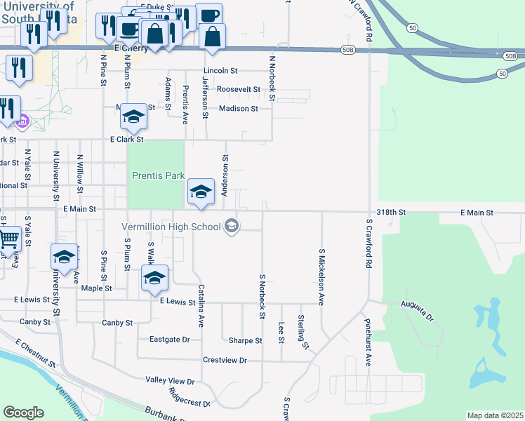 map of restaurants, bars, coffee shops, grocery stores, and more near East Main Street in Vermillion