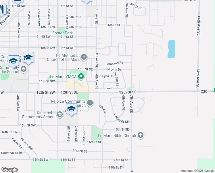 map of restaurants, bars, coffee shops, grocery stores, and more near 1101-1169 Evelyn Drive in Le Mars