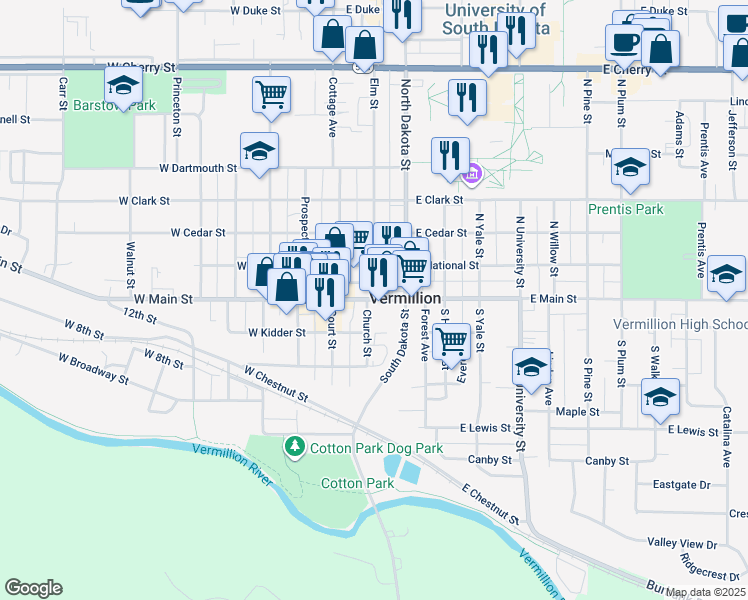 map of restaurants, bars, coffee shops, grocery stores, and more near 101 East Main Street in Vermillion